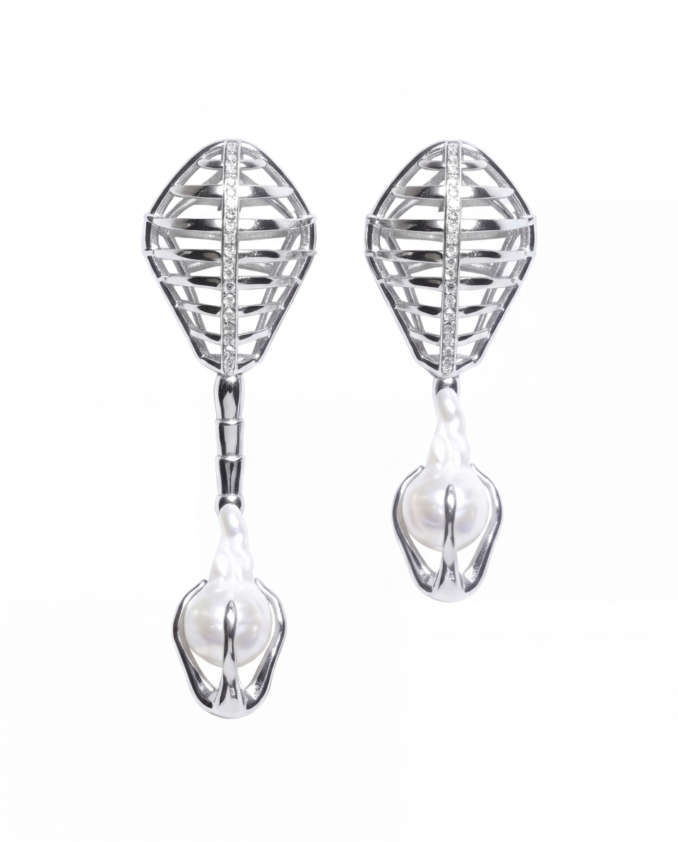  JAAGRAVII SILVER CORD ASYMMETRIC EARRINGS / SCULPTURAL HANDCRAFTED SILVER JEWELRY